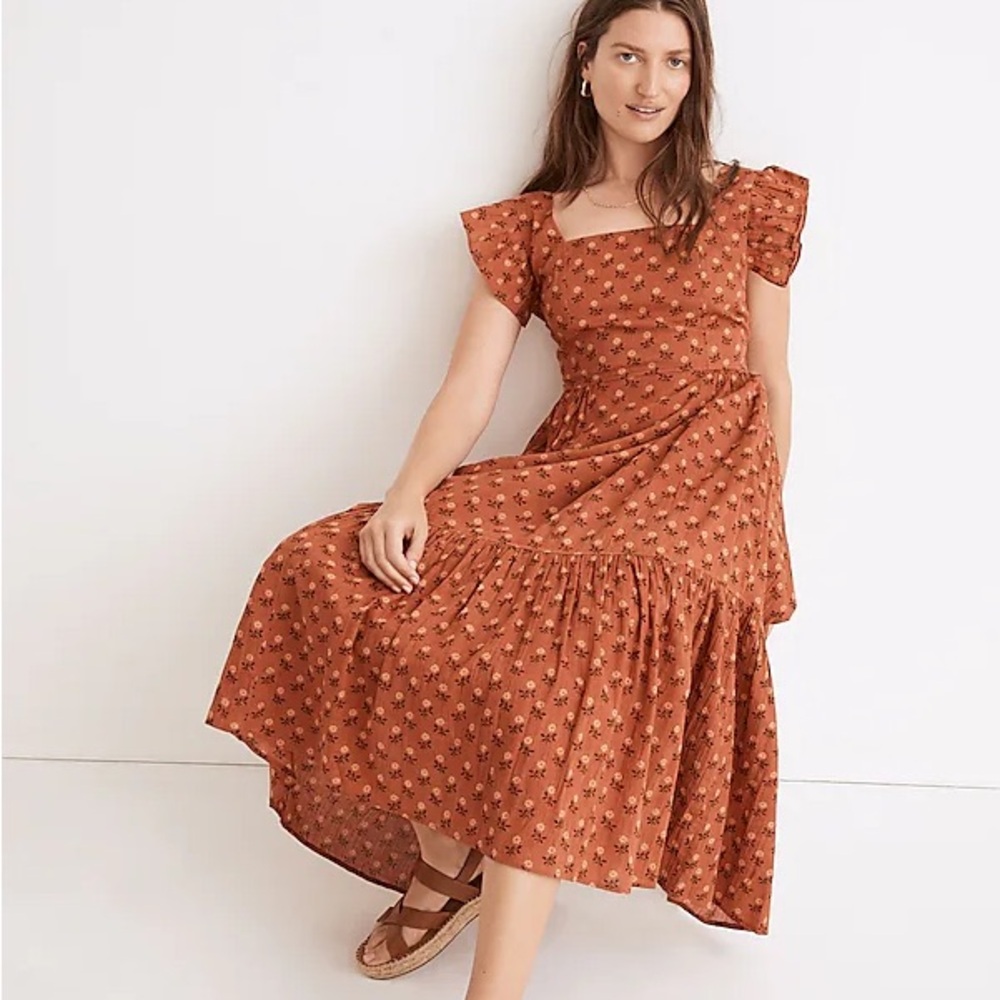 Madewell S Ruffle-Strap Tiered Midi Dress in Wild Calendula Orange Block-Print